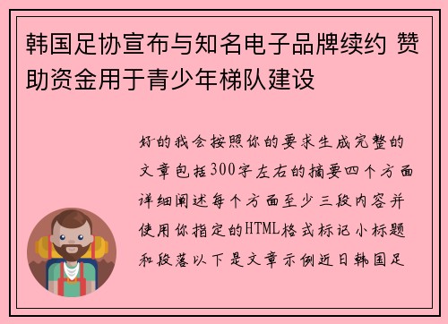 韩国足协宣布与知名电子品牌续约 赞助资金用于青少年梯队建设