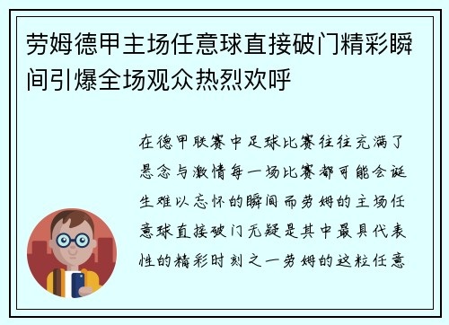 劳姆德甲主场任意球直接破门精彩瞬间引爆全场观众热烈欢呼